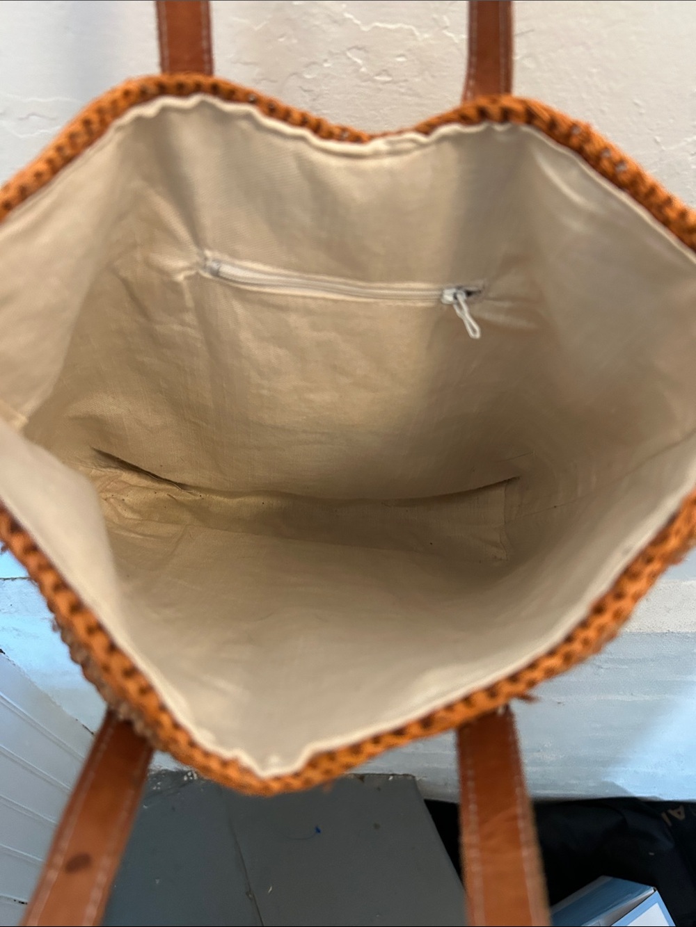 Handwoven Raffia Tote with Brown Leather Straps - Rust - Picture 2 of 3